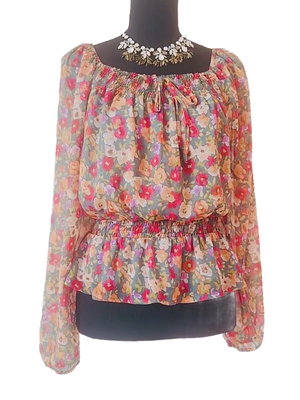 LC LAUREN CONRAD ~ Floral Sheer Long Sleeve Blouse Pink and Orange Drop Waist